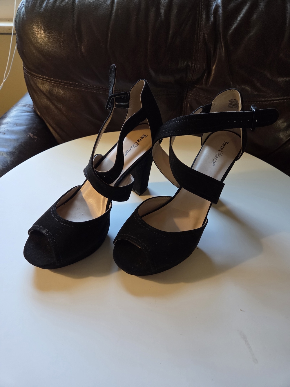 Black Suede Peep-Toe Ankle Strap Block Heels